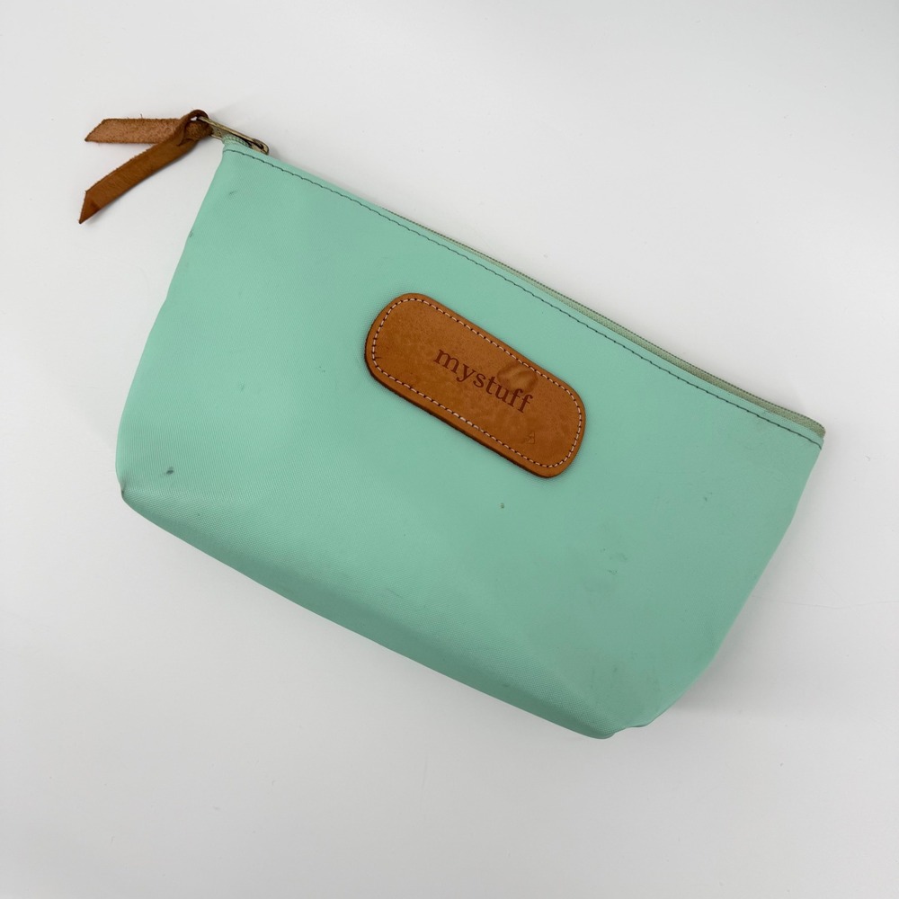 Jon Hart Design Mint Green Canvas Leather Trim Cosmetic Bag Pouch‎